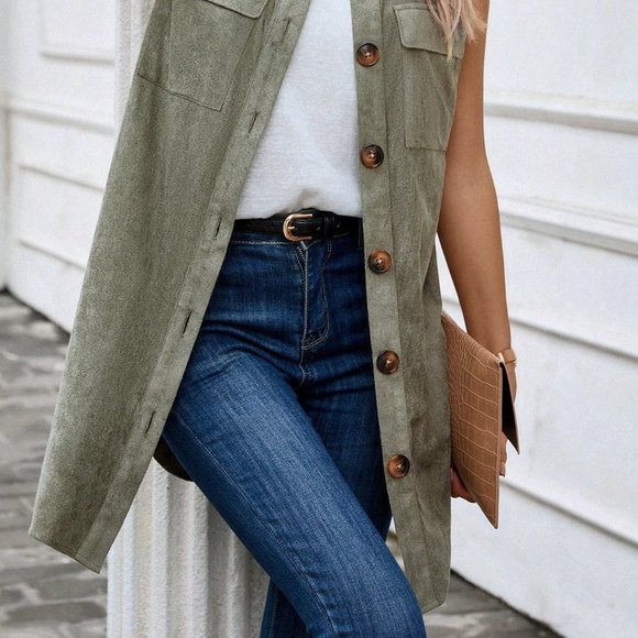 Army Green Casual Womens Flap Pocket Button Front Vest Coat - Picture 3 of 5